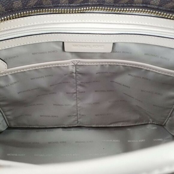 Michael Kors Jet Set Travel Large Brown Monogram Tote Bag Zip Top Leather Trim - Picture 15 of 16